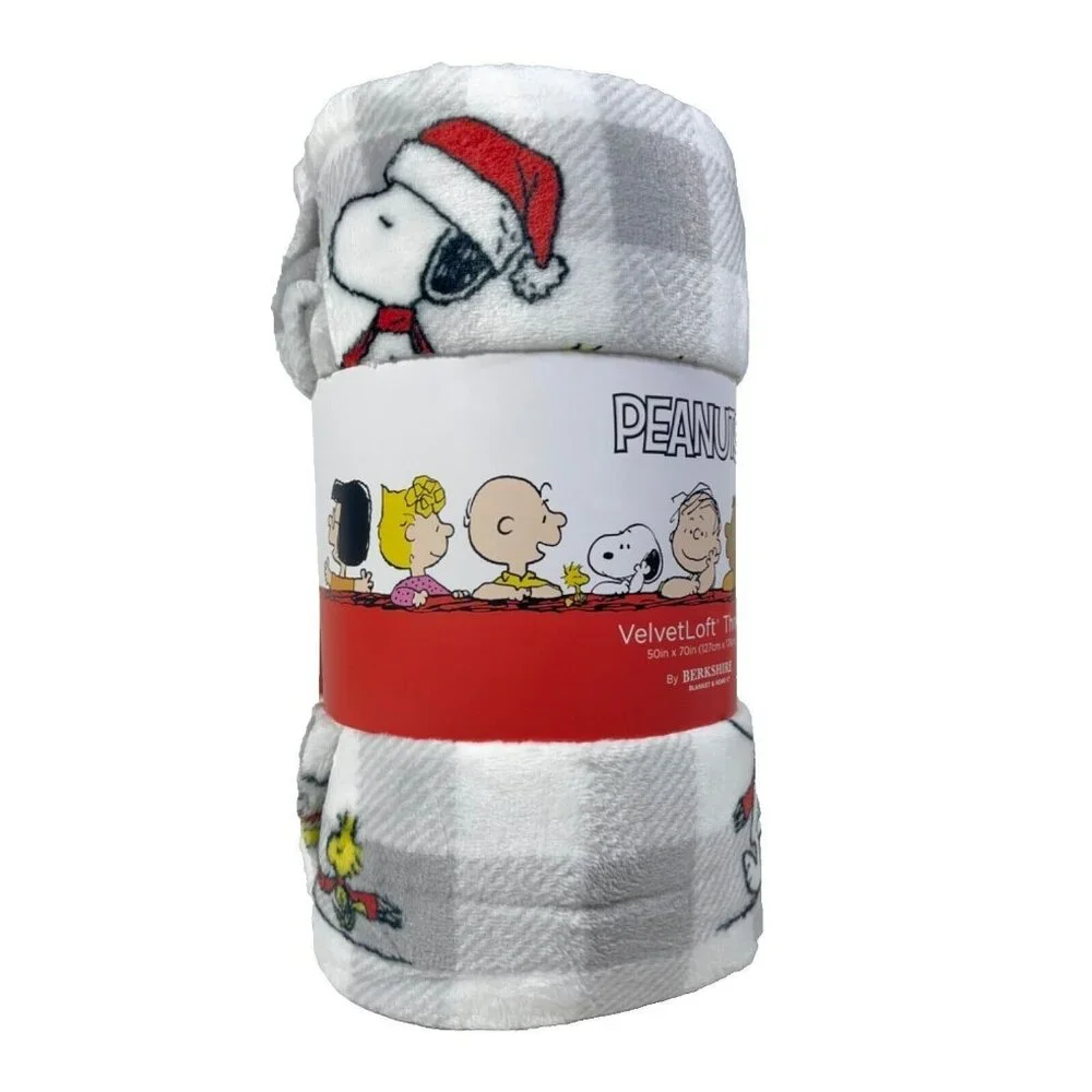 Peanuts Snoopy & Woodstock Christmas Velvet Plush Throw Blanket 50 x 70 Gray